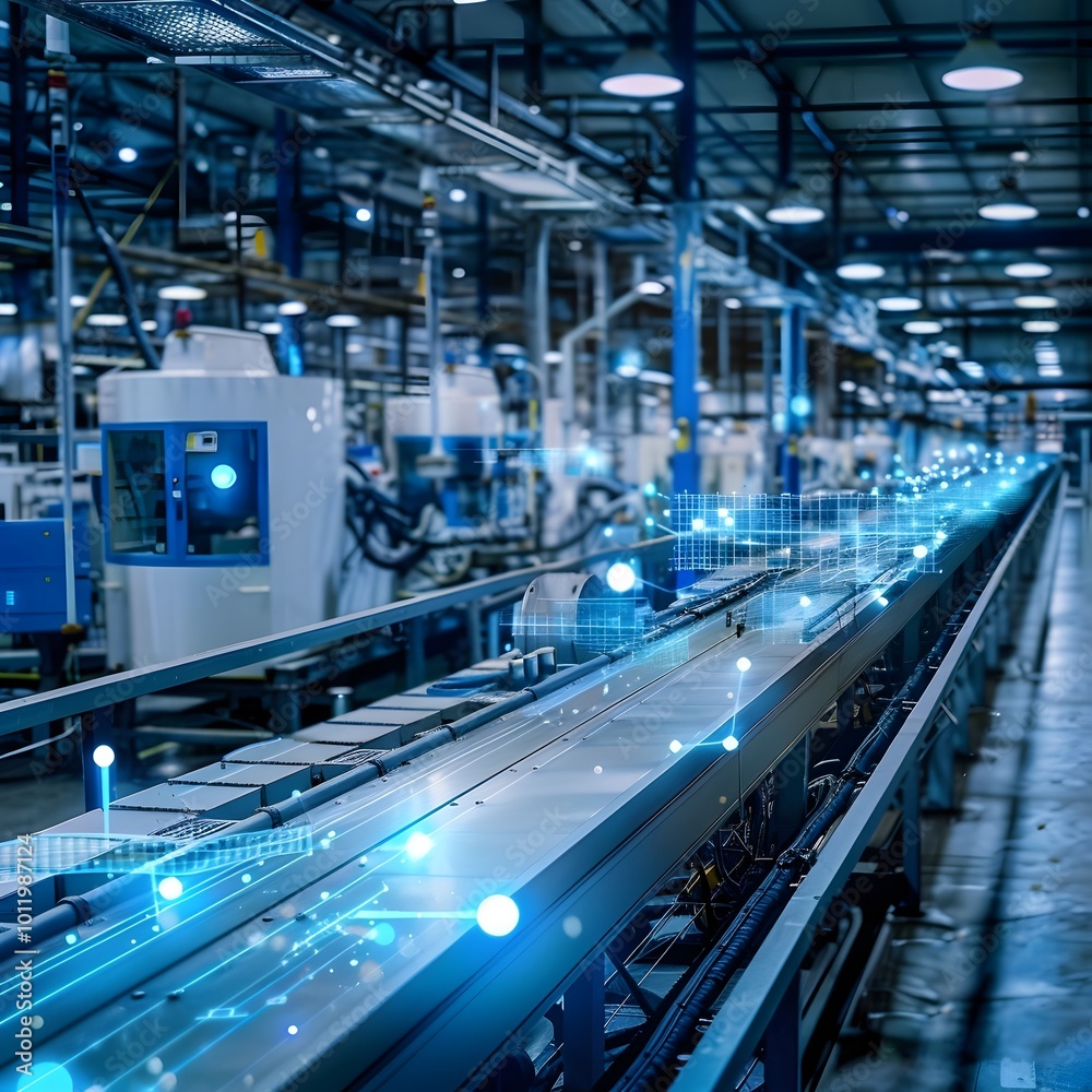 Poster automated smart factory with interconnected machinery and energy efficient production cycles