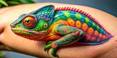 Colorful Chameleon Tattoo Design on Skin Showcasing Intricate Details and Vibrant Colors