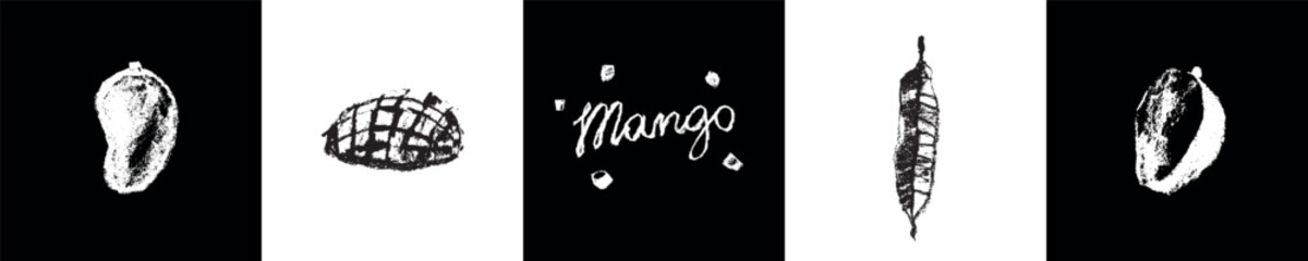 Mango icons set. Charcoal drawings. Organic Mango signs. Tropical fruit symbol. Vector black sketches of Exotic fruit. Mangoes emblem. Asian Mangos fruit illustration. Carabao mango symbols.