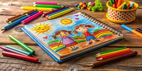Naklejka premium Colorful Child's Diary on a Wooden Table Surrounded by Crayons and Colorful Drawings in Background