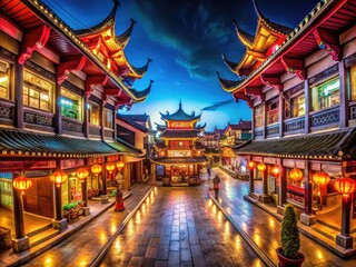 Fototapeta premium Colorful Chinese Signs Displaying Traditional Characters in a Vibrant Urban Setting at Nighttime