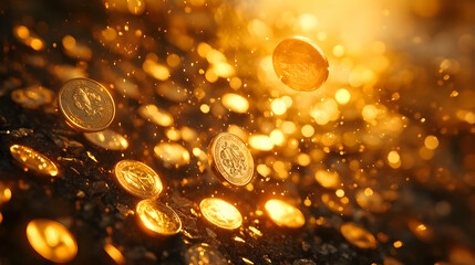 Golden Coins Falling Through Air 3D Illustration