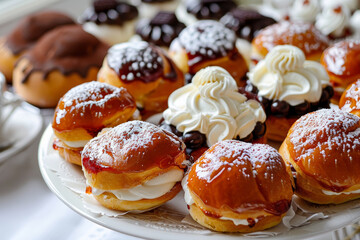 Fototapeta premium A white plate with a variety of donuts, including some with powdered sugar