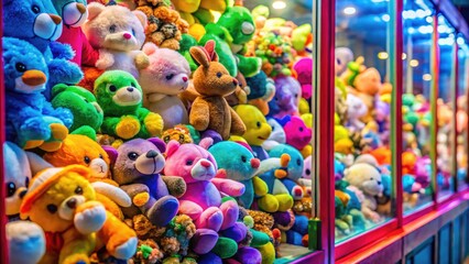 Colorful claw game machine with plush toys inside, capturing the fun of arcade entertainment and prizes