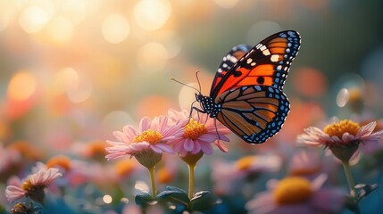 Obraz premium A vibrant butterfly rests on a pink flower with a soft, warm, golden sunset background.