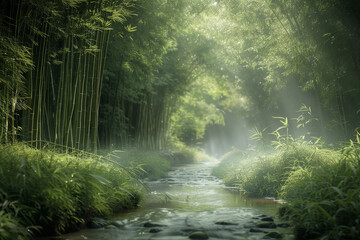 Obraz premium A lush green forest with a stream running through it