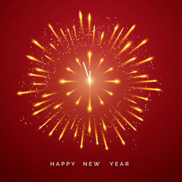Fireworks burst around a clock striking midnight on a red background