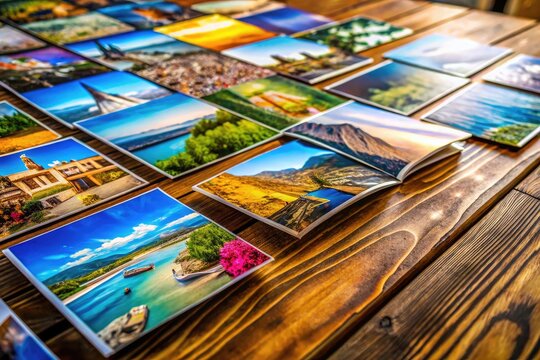 Colorful Collection of Brochures Displayed on a Wooden Table for Marketing and Promotion Purposes