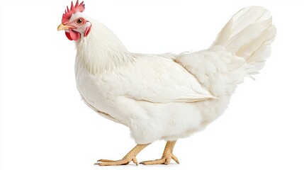 Fototapeta premium White chicken in smart poultry farming, an economical livestock option in closed system farms. Isolated on white background with clipping path. 