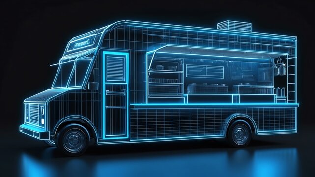 3d wireframe model of a food truck design concept background