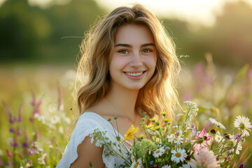 Naklejka premium A woman is smiling in a field of flowers