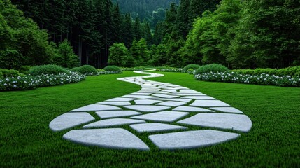 A photostock image of a serene garden with tall trees, blooming flowers, and a stone path winding through