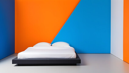 bed vibrant orange blue wall empty space