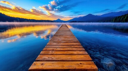 A photostock image of a serene lake at dawn with mist rising from the water and a small wooden dock