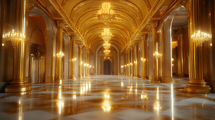 Obraz premium Golden Hallway With Columns and Chandeliers 3D Illustration