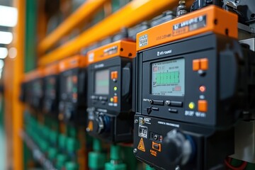 Naklejka premium Close-up of industrial control panels with digital displays and buttons.