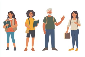 Obraz premium A group of people in different poses, flat design with simple shapes and solid colors on white background Generative AI