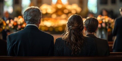 Fototapeta premium Family Mourning Together at Funeral Service with Subdued Emotional Atmosphere