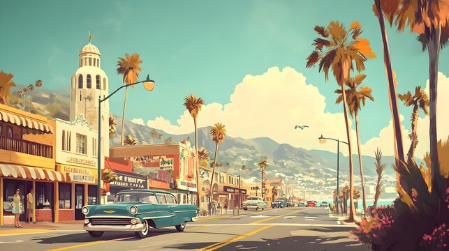 A nostalgic poster for a fictional travel destination in the 1950s