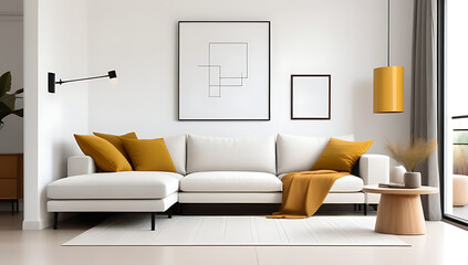 modern living room home white corner sofa dark mustard pillows wall two posters