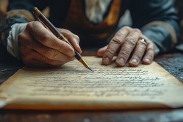 Closeup of a man's hand writing with a fountain pen on a parchment paper.