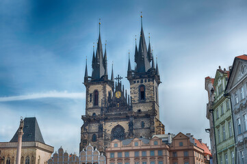 Fototapeta premium Church of Our Lady before Tyn dominating Prague skyline with its majestic gothic architecture, Czech Republic