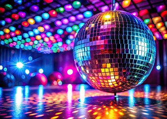 Obraz premium Colorful disco ball reflecting lights creating a vibrant atmosphere in a lively dance floor setting