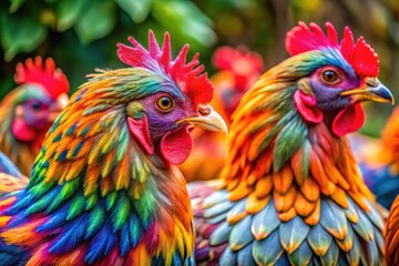 Fototapeta premium Colorful Easter Egger Chickens Displaying Unique Feather Patterns in a Natural Outdoor Setting