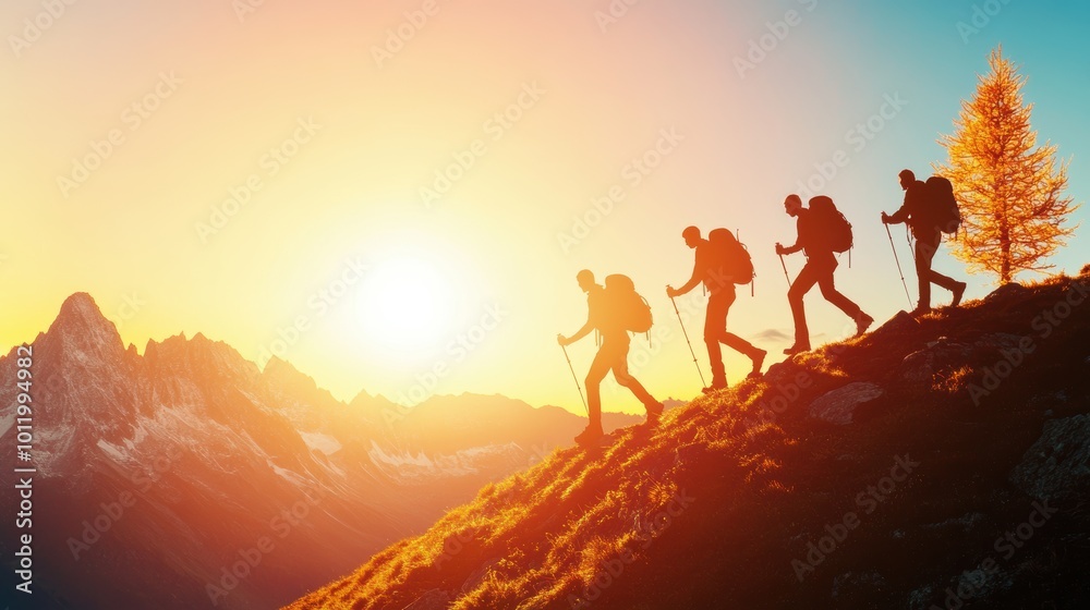 Poster Group of people hiking up a mountain, representing personal challenges and achieving new heights.