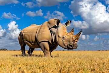 Fototapeta premium A rhino walking through the golden grass of the savanna, its thick skin and powerful horn highlighted by the warm evening light, representing the rugged beauty of the species