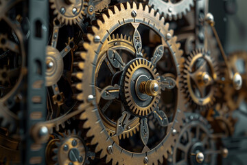 A close up of a clock with many gears
