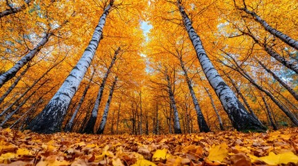 A photostock image of a vibrant autumn forest with trees displaying brilliant orange and yellow leaves