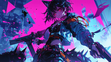 Illustrations of a young girl in anime comic style with a modern twist