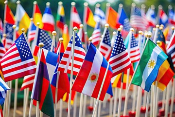 Obraz premium Colorful Flags Representing Different Countries on a Soft Focus Background in Vibrant Colors