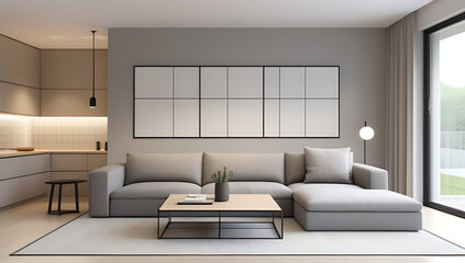 Fototapeta premium living room grey sofa beige plaids coffee table light bulbs