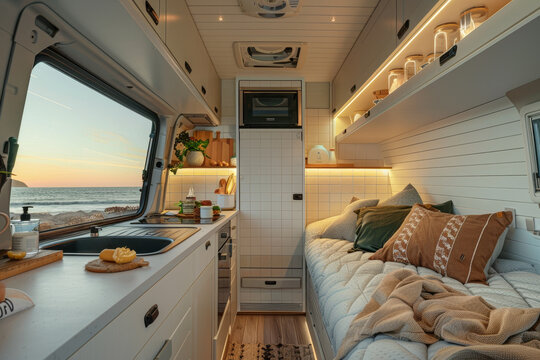 A small white van with a bed and a kitchen