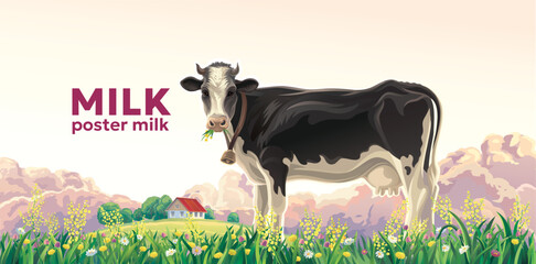 Cow against rural summer landscape with rustic house. State of nature - evening rural meadow and flowering grasses against the backdrop of sunset and cumulus clouds.