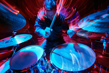A man is playing drums in a band