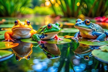 Colorful Frogs Sitting on Lily Pads in a Tranquil Pond Surrounded by Greenery and Nature's Beauty