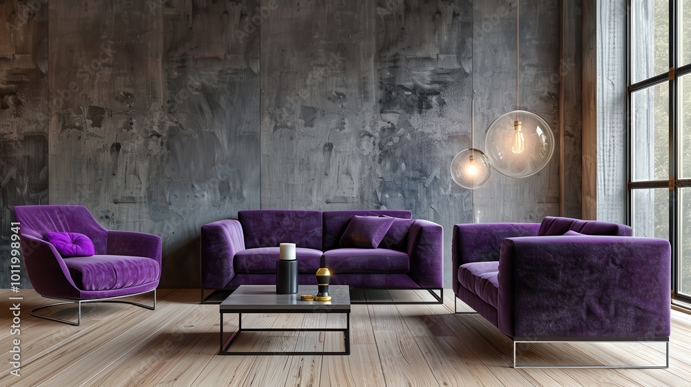 Wall mural a contemporary living room interior featuring a purple velvet sofa and armchair, a concrete wall, a 