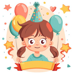 Cheerful girl with balloons celebrating a joyful occasion, isolated on white background, transparent background