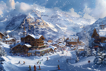 Fototapeta premium A snowy mountain town with people skiing and snowboarding