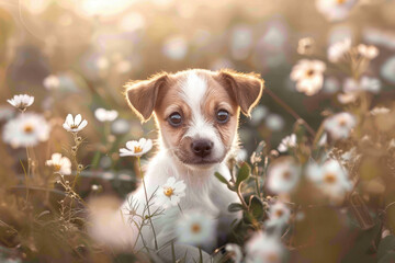A small dog is sitting in a field of flowers