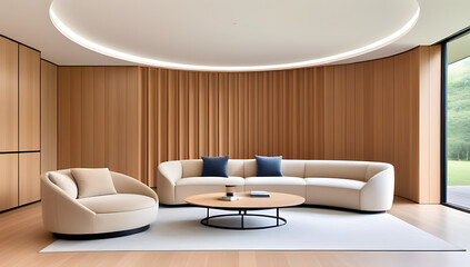 modern living room beige curved sofa barrel chair window room wood paneling walls