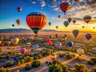 Naklejka premium Colorful Hot Air Balloons Floating Over Albuquerque's Scenic Desert Landscape at Sunrise