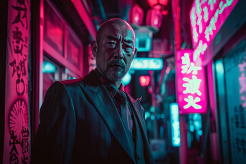 Obraz premium A man in a suit stands in front of neon signs with Chinese writing