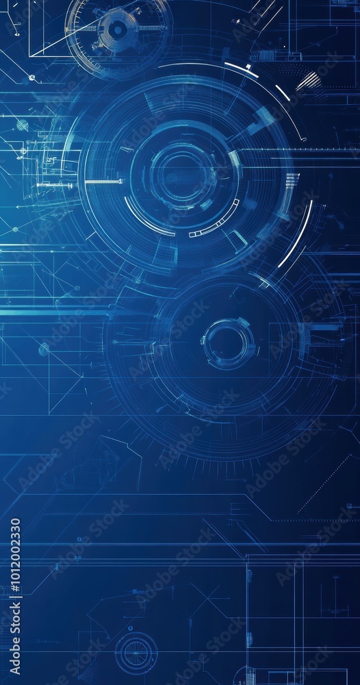 Wall mural intricate mechanical blueprints with geometric patterns on a deep blue background