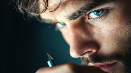 Obraz premium A single individual, lost in thought, with a pen in hand, scribbling down ideas on a notepad.