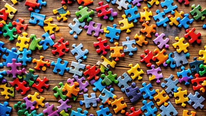 Colorful jigsaw puzzle pieces scattered on a wooden table, showcasing vibrant patterns and shapes