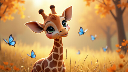 Autumn cute animals - A charming 3D cartoon-style scene featuring an adorable giraffe with large, expressive eyes among fallen autumn leaves. Blue butterflies flutter around. Warm magical atmosphere.